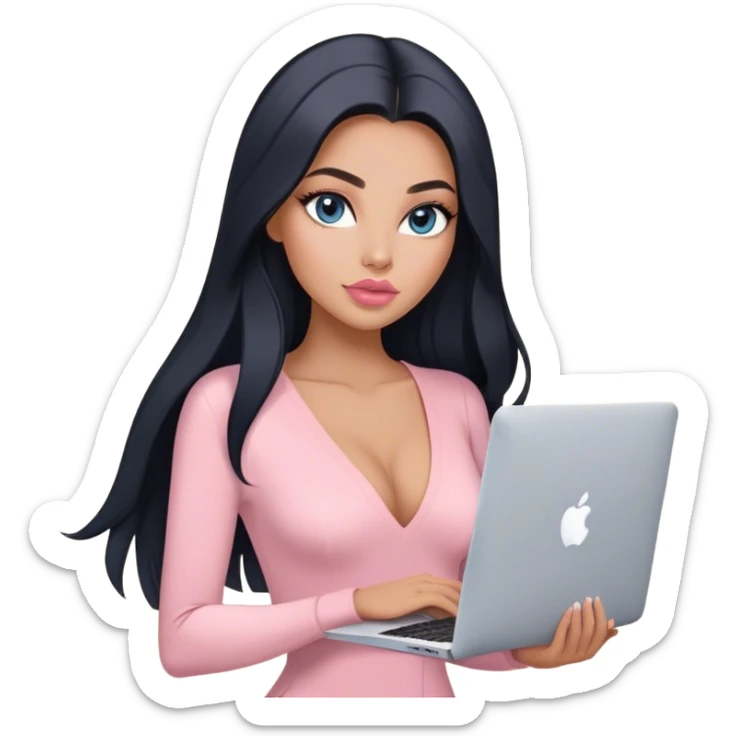 Glamours, tanned, very beautiful girl, with big pump peach-beige-rose lips, long lashes, black straight smooth silky long hair, straight parting hair, blue-grey eyes, in light-pink v-neck bodysuit holding MacBook sticker