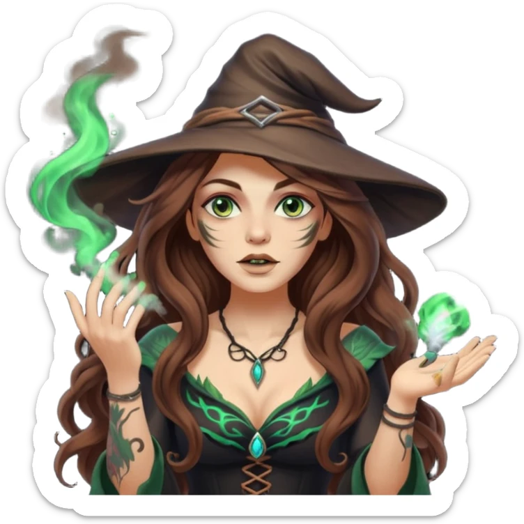 forest witch woman long wavy brown hair tattoos blowing glowing powder toward viewer sticker