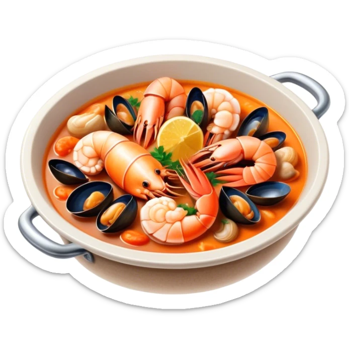 Cinematic Realistic Buzara Seafood Dish Emoji, depicted as a rustic, flavorful seafood stew with shellfish rendered with rich textures and dynamic, maritime lighting. sticker
