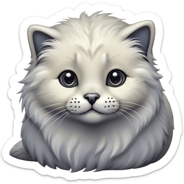 Cinematic Adorable Fluffy Grey Seal Ragdoll Cat Portrait Emoji, Head tilted cutely with big, sparkling eyes, soft grey fur with darker seal points on the ears, face, and paws, Simplified yet irresistibly adorable features, highly detailed, glowing with a soft, warm glow, high shine, affectionate and playful, stylized with a touch of whimsy, bright and endearing, soft glowing outline, capturing the essence of a curious and loving kitten, so cute it feels like it could leap out of the screen and snuggle up for a cuddle! sticker