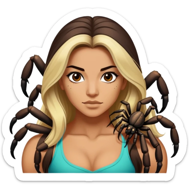 Attractive and muscular Mexican woman in her 20s with long dark brown hair with blonde highlights, with a tarantula sticker