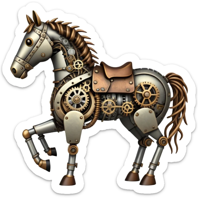 Horse made of visible mechanical parts with gears, cogs, wires, and rope components, steampunk style sticker