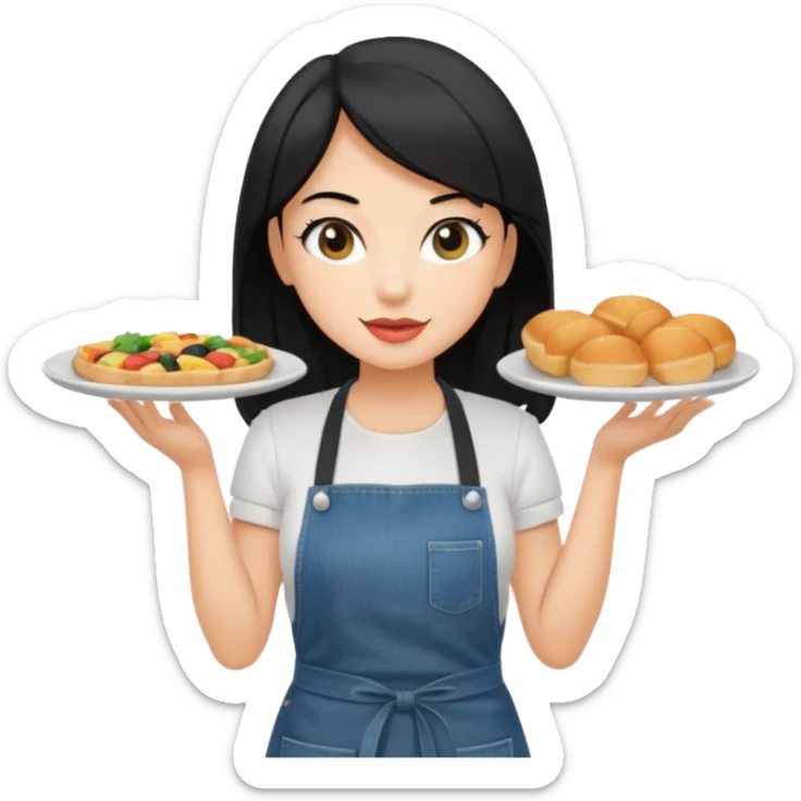 waitress with black hair and a food plate with a black tshirt and ª jeans apron sticker