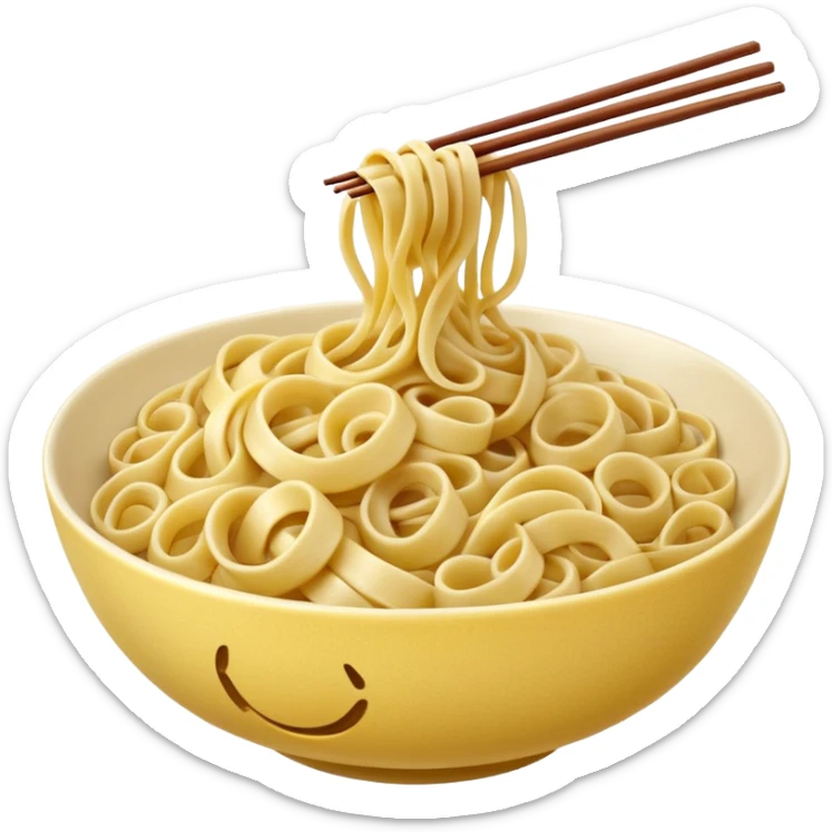 loose tangle of pale yellow cooked noodles with soft glossy texture and natural curves, strands slightly twisted and overlapping, freshly prepared dish, no bowl chopsticks or sauce, apple emoji style, soft lighting, subtle shadows, emoji scale sticker