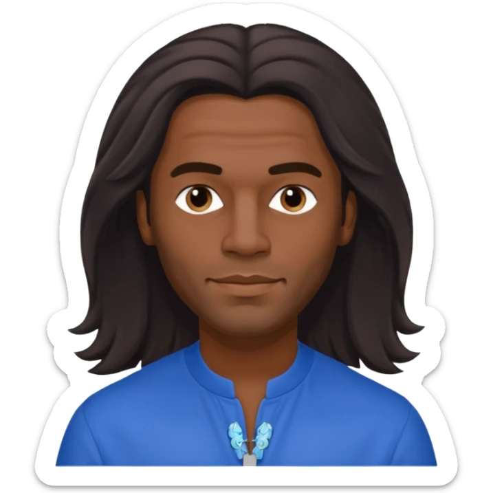 Fabrice Morvan, French Singer (b.1966) with dark skin, long brown hair, blue outfit sticker