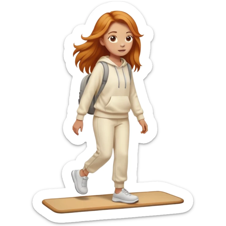 Cute Ginger girl long hair walking on walking pad cream sweats sticker