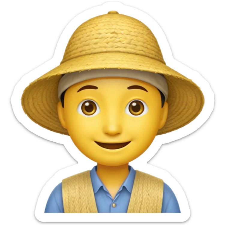 Yellow emoji smiley face with stereotypical Chinese facial features and rice farmer hat. Eyes very narrow sticker