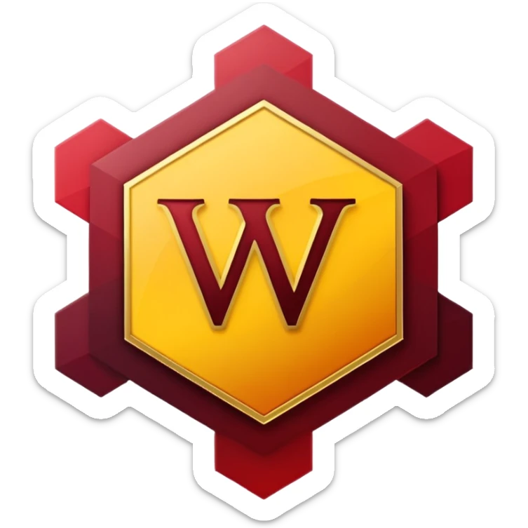 hexagon emblem with a thick yellow-to-gold outline and a dark red gradient inside. In the center, place a bold capital letter V in the same yellow-to-gold gradient as the outline. Keep the shapes clean and geometric, with smooth color transitions and no background color. sticker