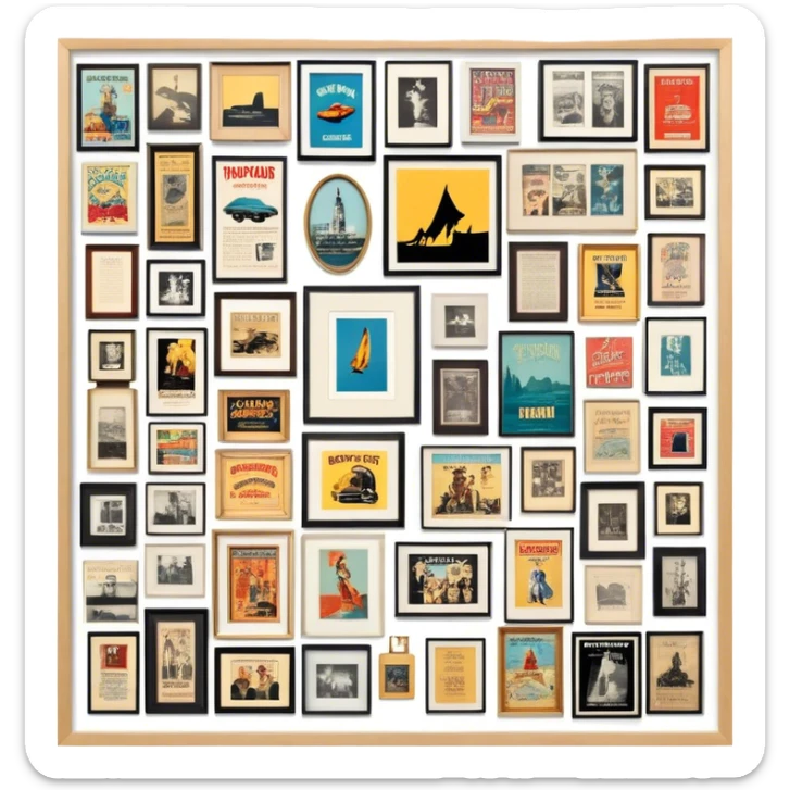 Icon for Photograph and Poster Collecting: a collection of vintage photographs and movie posters, neatly displayed on a wall or in frames. The icon should evoke the nostalgia and artistic value of collecting rare images and posters. Transparent background. sticker