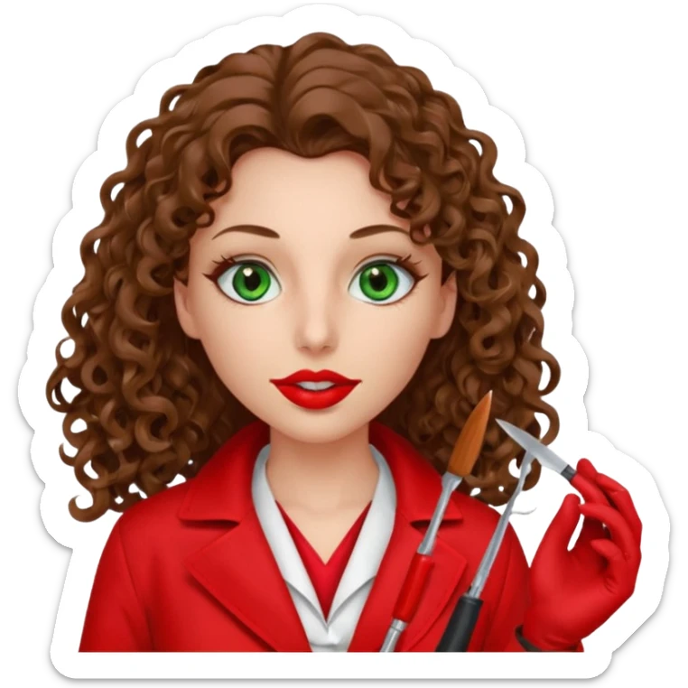 Lilith symbol sexy evil woman. She has green eyes.  had brown long curly hair.  evil surgeon kills with scalpel wears red sexy doctor coat with red mouth cover red gloves. Covers nose, neck  and mouth with Muslim red berka sticker