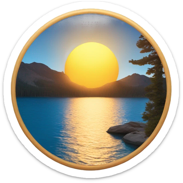 Naturalistic sun rising over a blue lake in the style of an Ansel Adams photo sticker