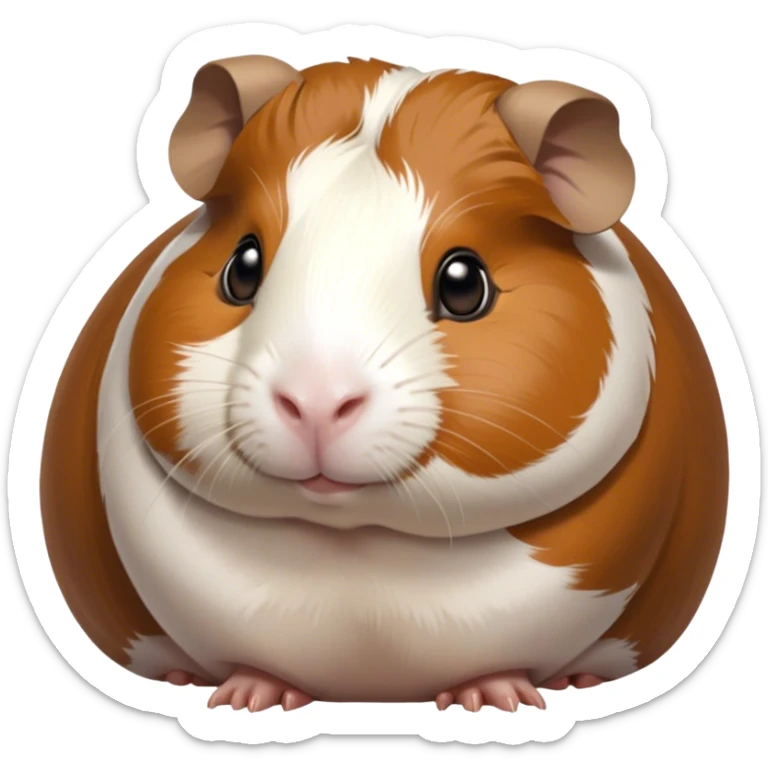 Cinematic Noble Brown and White Banded Guinea Pig Portrait Emoji, Poised and regal, with a compact, chubby build and a uniquely patterned coat of warm brown and crisp white banding, deep-set soulful dark eyes, Simplified yet sharp and sophisticated features, highly detailed, glowing with a soft, dignified glow, high shine, intelligent and charming, stylized with an air of distinctive elegance, focused and attentive, soft glowing outline, capturing the essence of a watchful and confident companion, so majestic it feels as though it could scurry out of the screen with effortless authority! sticker