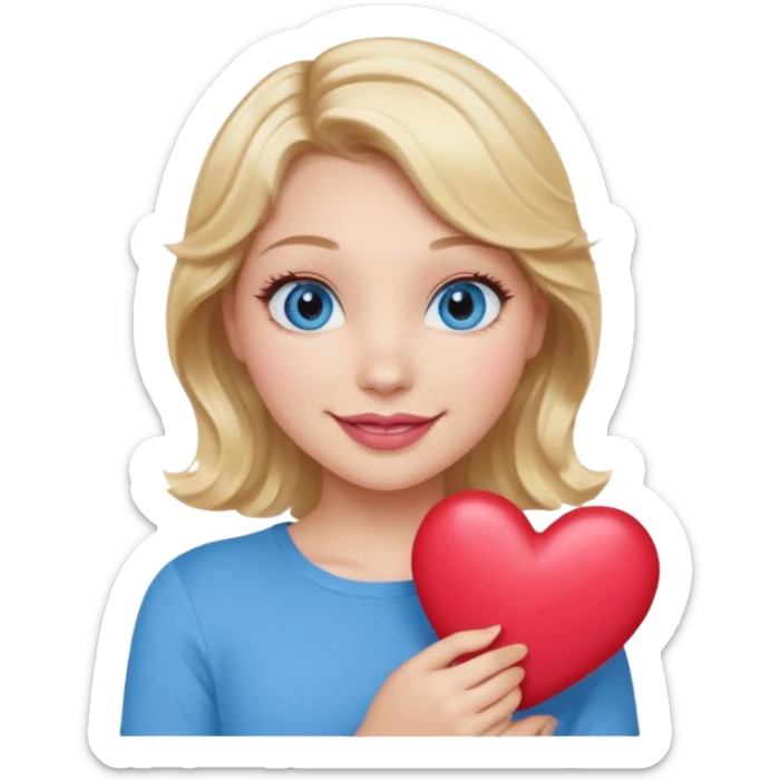 Girl Blonde short wavy hair,  blue eyes, cute blue top, long lashes, pink lips, smiling, holding a big heart sticker