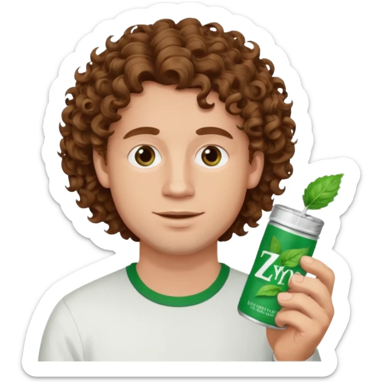 White Man with pretty Curley brown hairholding Zyn spearmint snus sticker