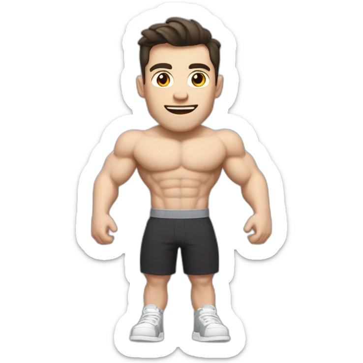 Surprised Pale skinned Fit Man With the biceps and dark brown hair in black shirt, gray sports shorts and white Sneakers sticker