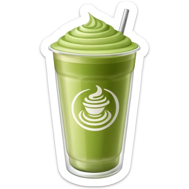 A clear glass with matcha latte. The glass should be a takeaway one, similar to Starbucks', but clear and without the logo. I'd like the latte to blend with the matcha. sticker