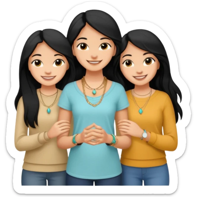 Just 3 best friends smiling big taking a selife, all have medium skin tone with black long hair. Wearing simple jewelry and casual modest clothes color coordinated outfit,  sticker