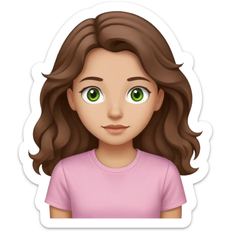 A girl with long and wavy brown hair slightly made up green/brown eyes with a light pink T-shirt sticker