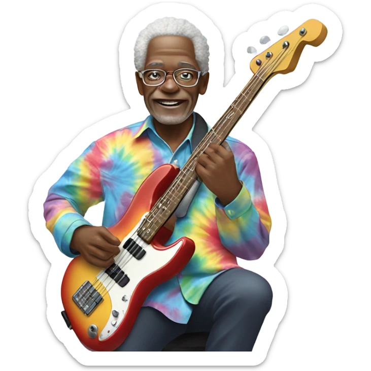 Old funky black man in a tie dye shirt playing bass guitar  sticker