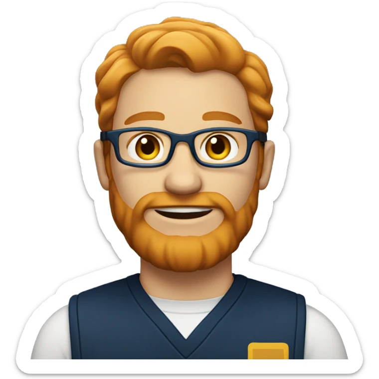 A fast food employee wearing dark blue and eyeglass and having a ginger hair and beard sticker