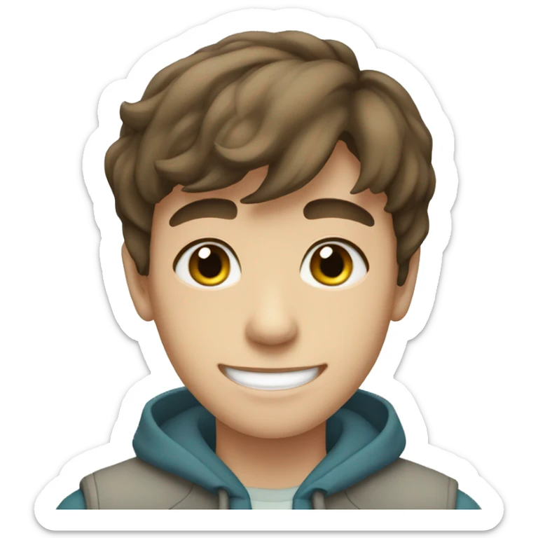 Brown hair teen boy with medium short hair, blue-greenish eyes smiling sticker