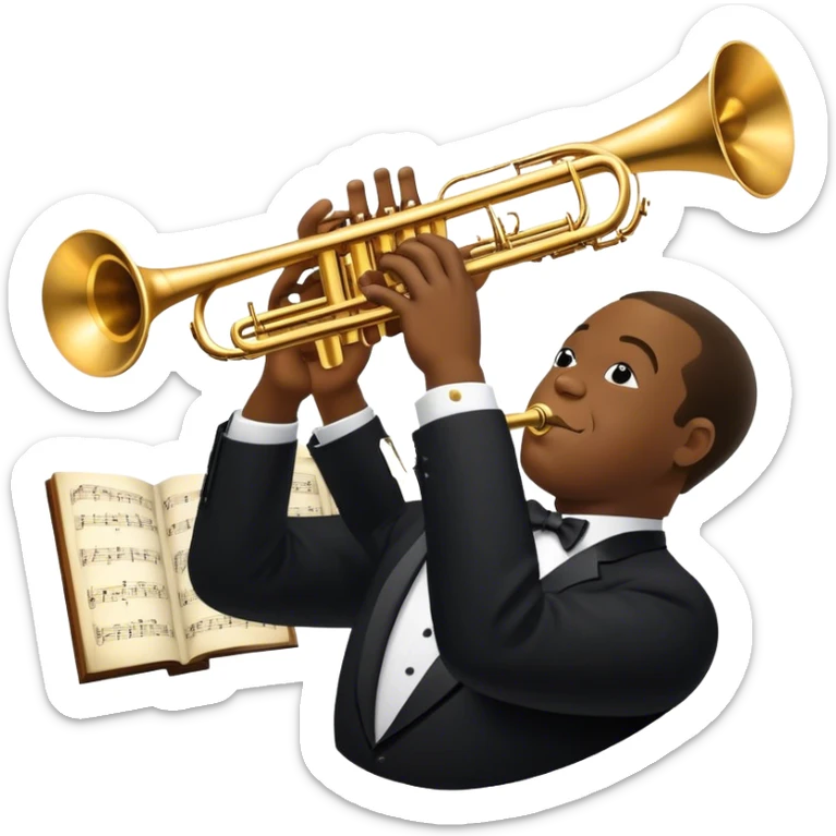 Icon for Jazz Music: collage of Louis Armstrong with his trumpet and Glenn Miller with his orchestra. Silhouettes of musicians, brass instruments, and musical notes. The design should convey the classic, smooth vibe of jazz. Transparent background. sticker