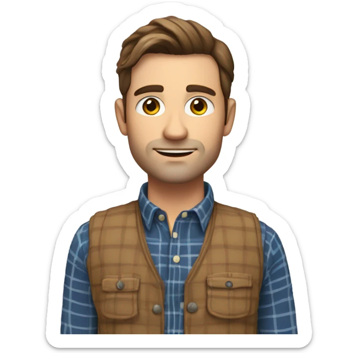 a white 30 year old man with brown hair and stubble in a plaid shirt and gilet  sticker