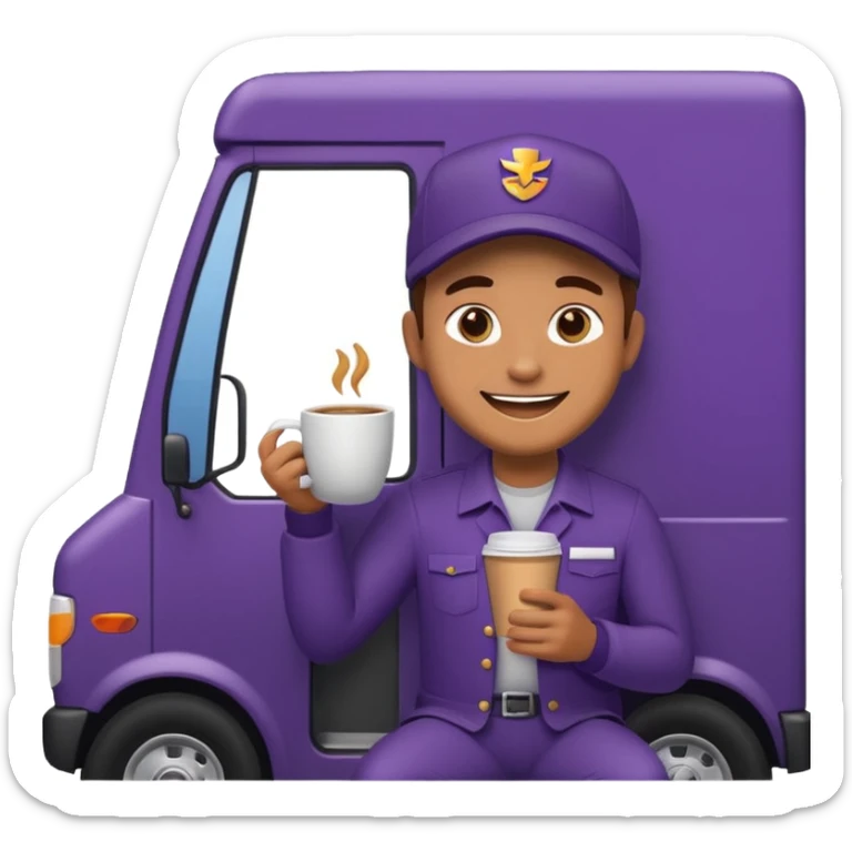 emoji of FedEx delivery man is sipping coffe while sitting in the FedEx truck sticker