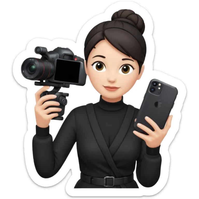 middle aged woman photographer with dark hair in a bun, wearing black clothes, carrying a canon r5 and an iPhone on a gimbal sticker