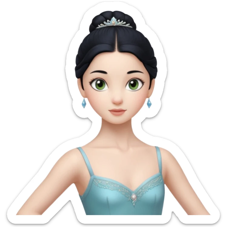 Cinematic Realistic ballerina Medium Blue Portrait, depicted with lifelike skin texture, subtle rosy undertones, and soft natural lighting that enhances the gentle contours of her face. Her intricately detailed sweet black hair is elegantly styled, green eyes sticker