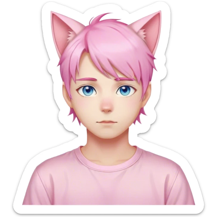 Pastel effeminate young femboy man with pastel pink shiny hair, pink cat ears, pastel yellow blouse, blue eyes, cute, gorgeous, anime, catboy sticker