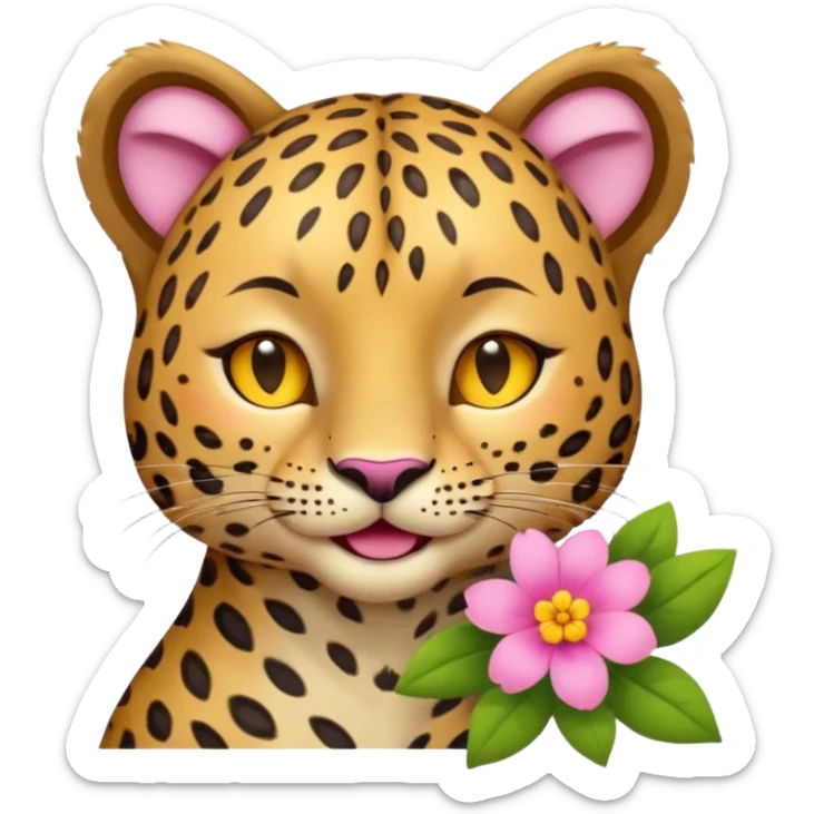 eyes closed, A leopard with peaceful smile, A pink flower with a yellow center is tucked behind its right ear
 sticker