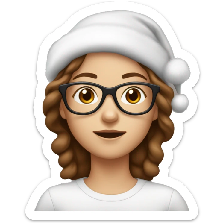 white girl with brown hair wearing clear glasses and a santa hat sticker