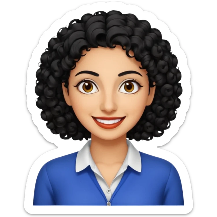 30 year old iranian woman very short curly black hair, big brown eyes, tanned skin, big smile, white teeth, pretty, stylish, shorter hair, boy cut hair, nice clothes sticker
