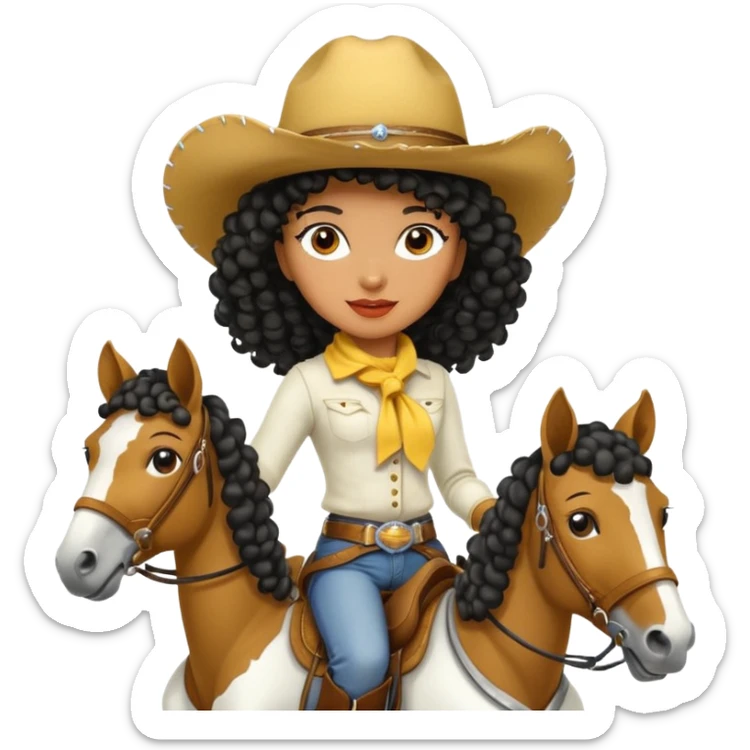 Black curly cowgirl Riding a white horse with yellow fur  sticker