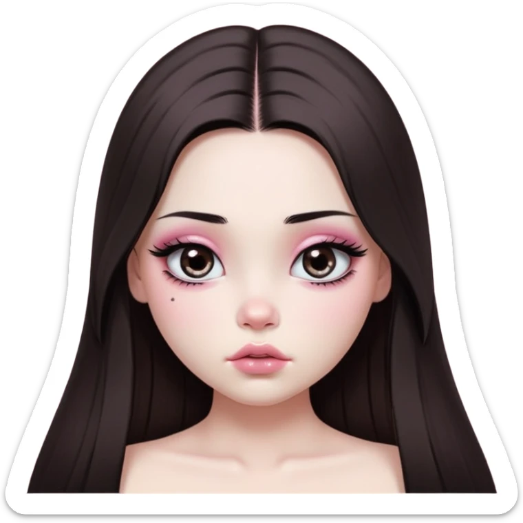 girl with white skin, dark brown long realistic straight hair with middle part prominently falling in front of her body over her shoulders, very big pouty extra shiny lips with absolutely no cupid's bow, big round eyes with very black shiny eyeballs and huge eyelashes, no eyeshadow, pink blush on cheeks, lighter button nose, extremely long oval-shaped face, wearing a pink off-shoulder top, looking directly at camera with hands down at sides sticker