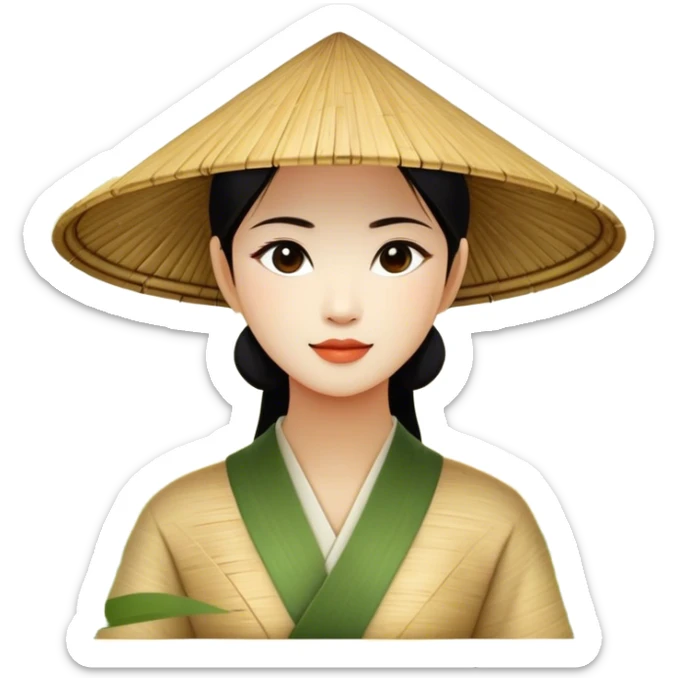 ​Cinematic Realistic Traditional Vietnamese Nón Lá, depicted as a delicately crafted conical hat made of bamboo and palm leaves with subtle texture and natural wear, set against a serene rural backdrop bathed in warm, soft sunlight, evoking authentic cultural heritage, sticker