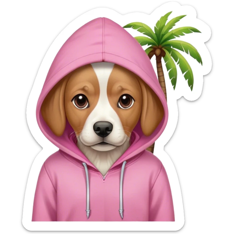 Dog wearing pink hoodie with darker pink palm tree on the right side of the hoodie sticker