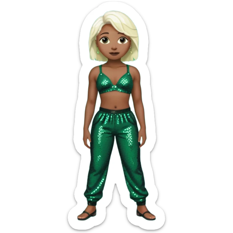 Cynthia Erivo with platinum blonde hair, dark sequin bra, dark green sequin baggy pants  sticker