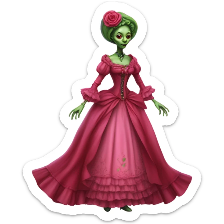 "green alien woman" galora in red pink Victorian dress elegant, full body sticker