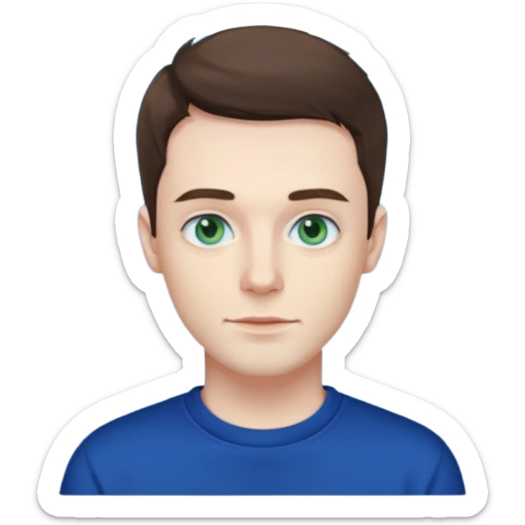 male , blue/green eyes , pale skin , brunette hair , dark blue sweatshirt sticker