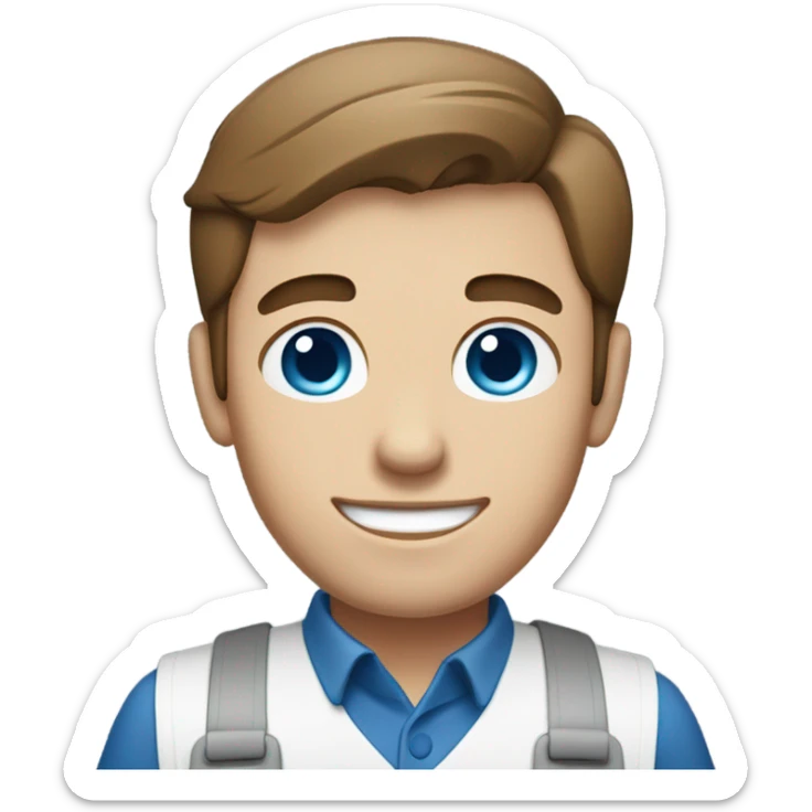 Male with brown hair and blue eyes worker with white shirt and blue apron with khakis and hat holding a sandwhich sticker