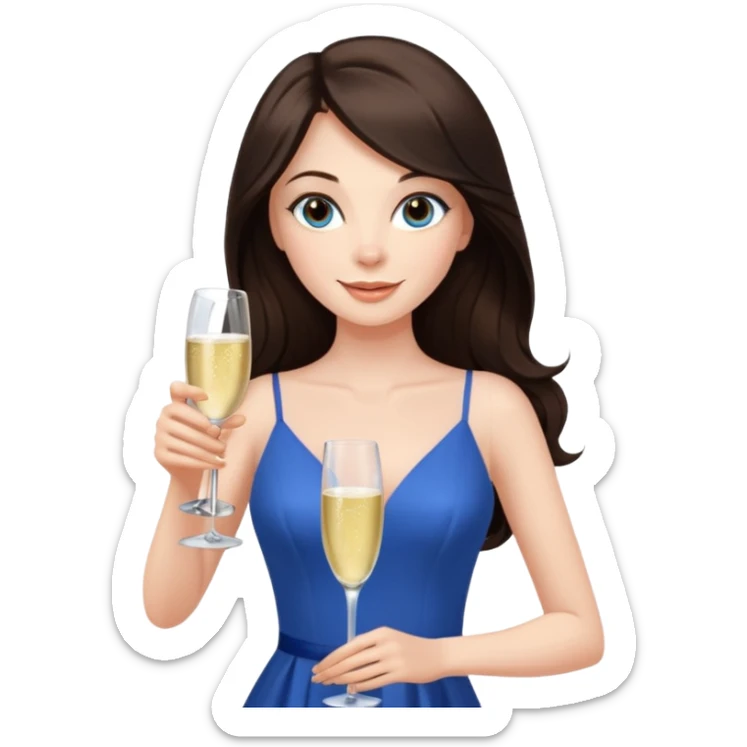 Sexy brunette woman long dark brown hair, hazel eyes, pale skin toasting with champagne in sexy blue dress sticker