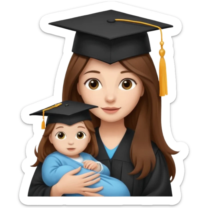 "Woman with long brown hair and fair skin wearing a graduation cap, holding a baby who has a hat and fair skin." sticker