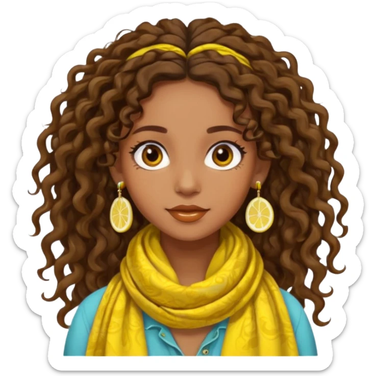 bohemian girl, brown skin, long curly brown hair tied up, lemon yellow scarf, round earrings, free-spirited sticker