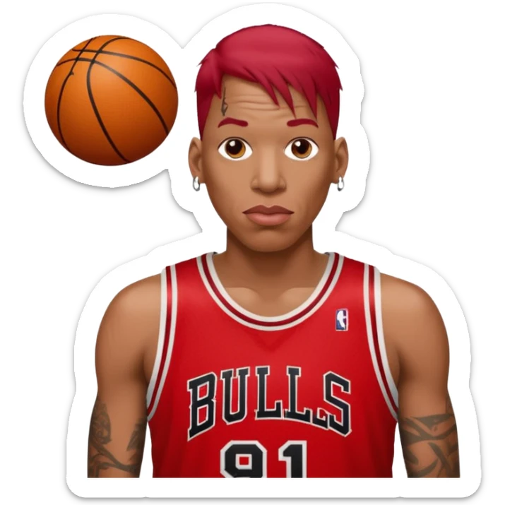 Dennis Rodman with a basketball and “91 “Chicago bull.with a very short red hair sticker