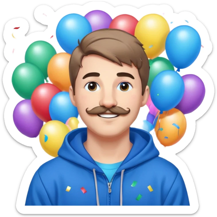 Mr. Beast wearing a blue hoodie, ferret mustache, small light beard, big friendly smile, standing in front of a colorful, fun background with confetti and balloons sticker