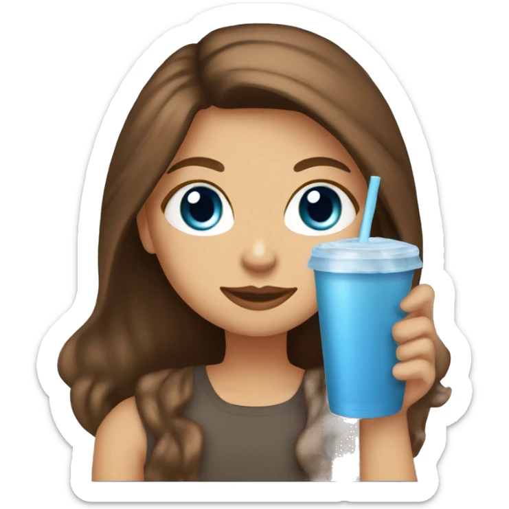 Girl with blue eyes long brown hair with highlights sipping iced coffee sticker