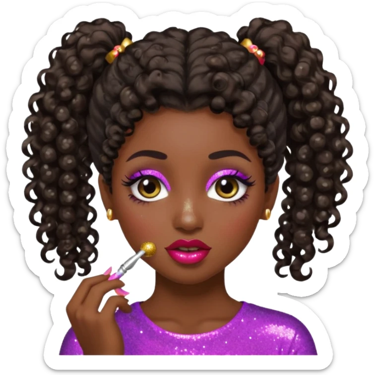 emoji sucking its lips in with one eyebrow up and the other one down dark skin and curly hair in one ponytail with eyelashes up to her hair sticker