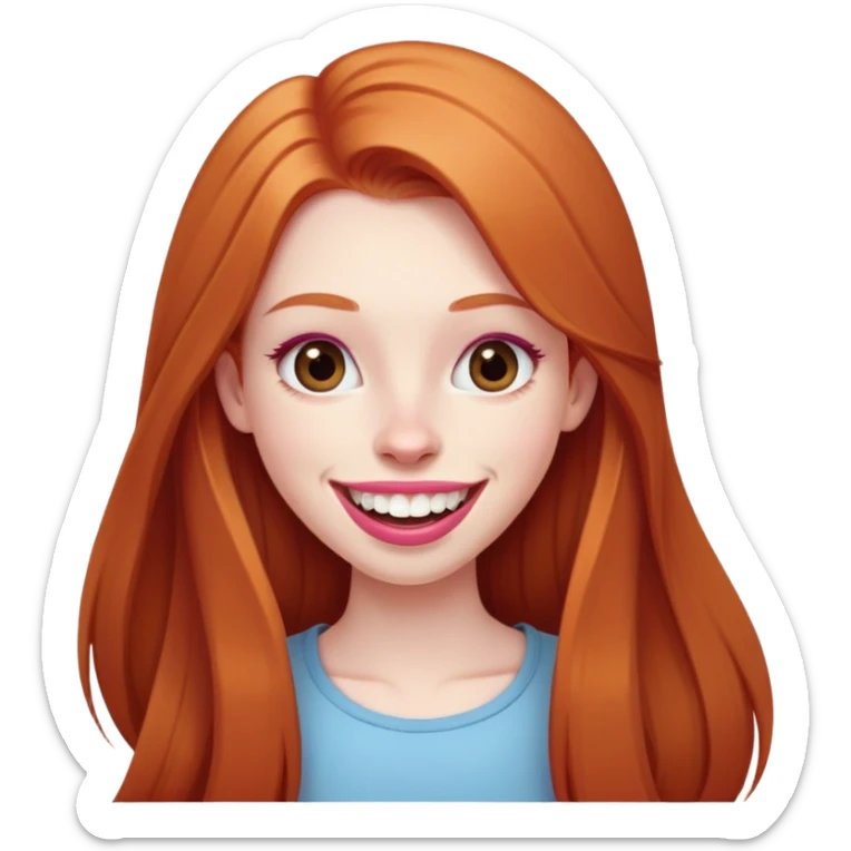 Young girl with pale skin, very long face, full pink lips smiling with big teeth, very long straight auburn hair (lighter ginger, not intense red), big brown eyes, big nose, big mouth sticker